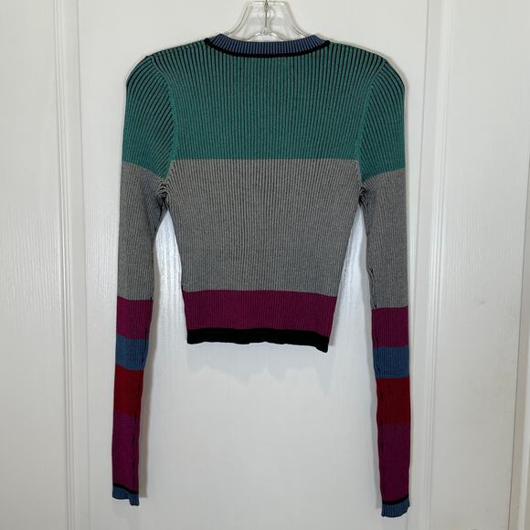 Diane Von Furstenberg Cropped Plaited Pullover Ribbed Ribbon Teal Gray Purple M - Picture 5 of 5
